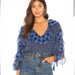 🎉HP🎉 Tularosa Claire Blouse in Blue Check Size Small with‎ Elastic Waist